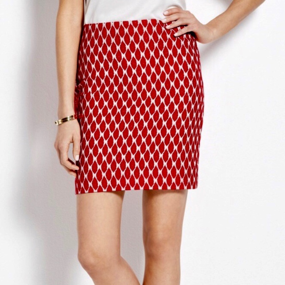 Ann Taylor Leaf Print Pencil Skirt Red Cream Ivory